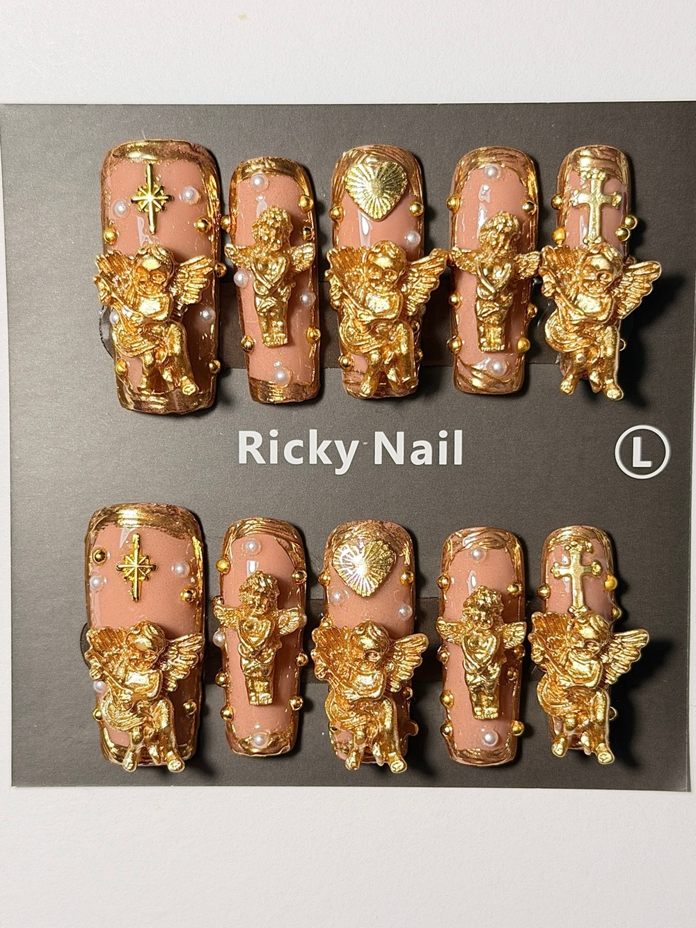Ricky Nail Gold Cherub Angel Press On Nails Size Large